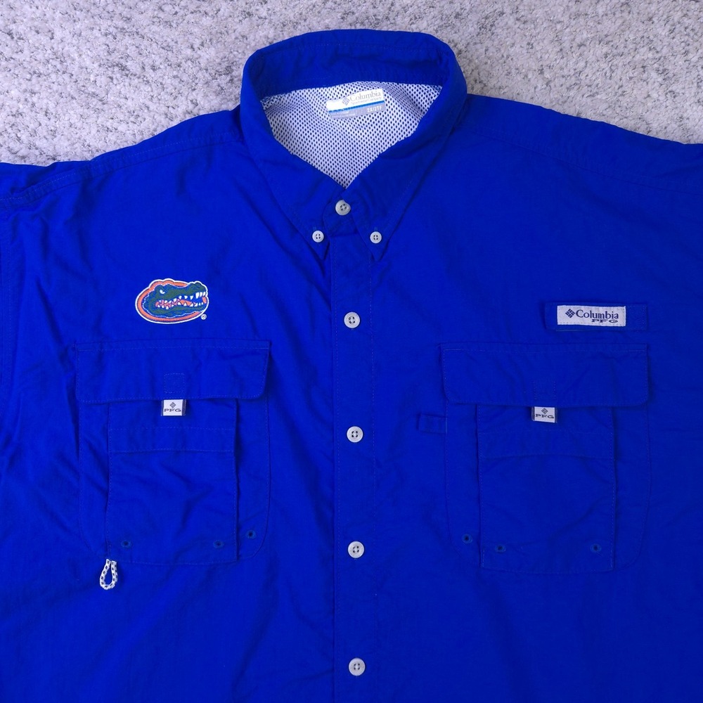 Columbia PFG Florida Gators Shirt Mens 2X Big Fishing Short Sleeve Vented Blue - Picture 2 of 8
